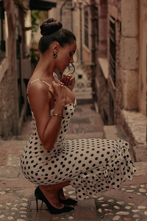 White Spaghetti Strap Sweetheart Neck Polka Dot Ruffle Hem Midi Dress