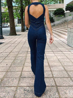 Backless Zip Up High Rise Denim Jumpsuits
