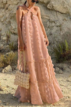 3D Floral Applique Halter Keyhole Tiered Maxi Dress
