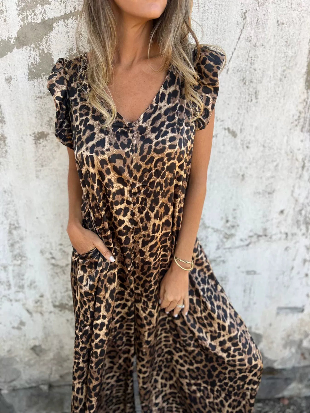 Women's V-Neck Leopard Print & Solid Jumpsuit