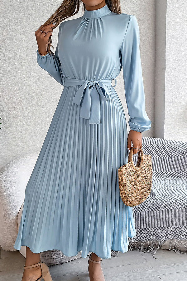 Mock Neck Lantern Sleeve Belted Pleated A-Line Midi Dress
