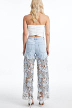 Elegant Lace Openwork Casual Pocket Straight Leg Jeans