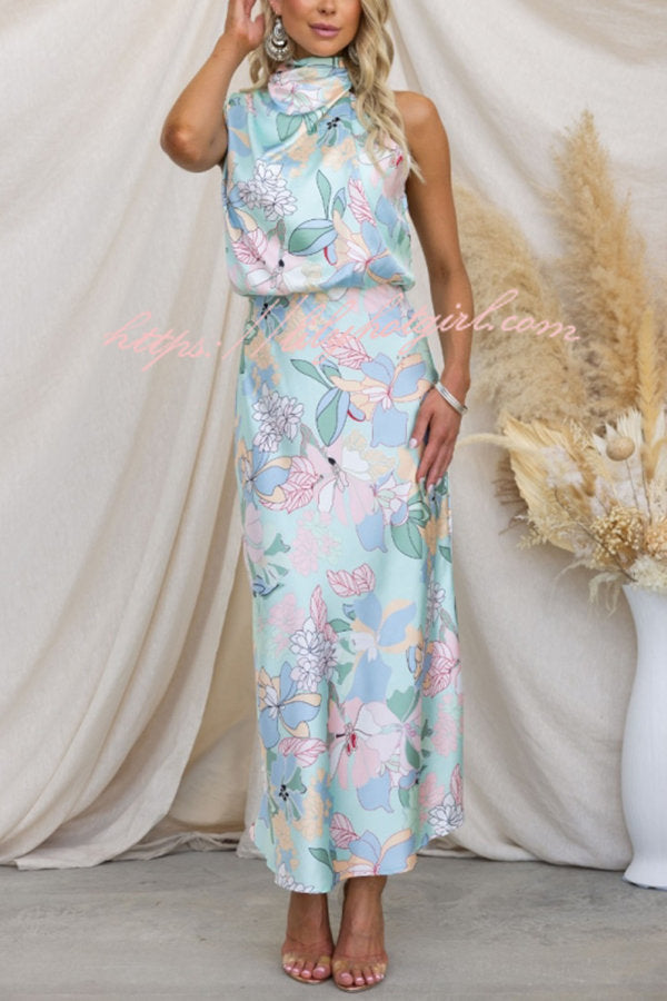 Floral Print Halter Neck Cowl Draped Elastic Waist Blouson Midi Dress