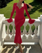 Deep V-Neck Bell Sleeve Shoulder Ruffle Tiered Mermaid Maxi Dress