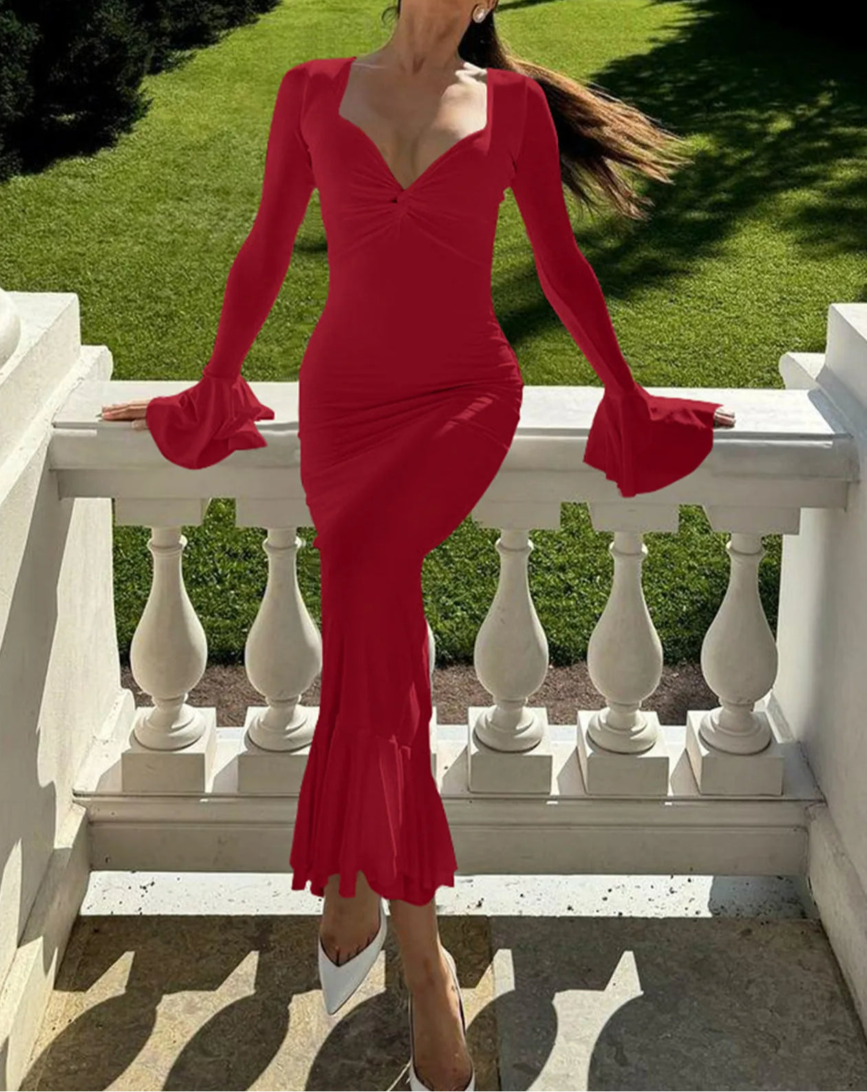 Deep V-Neck Bell Sleeve Shoulder Ruffle Tiered Mermaid Maxi Dress