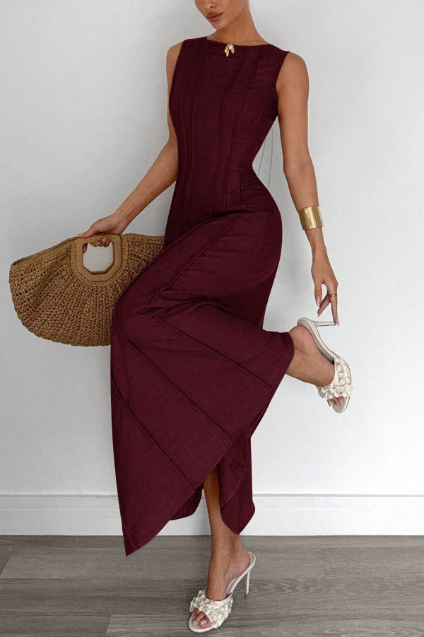Solid Color Round Neck Sleeveless Elegant Pleated Casual Maxi Dress