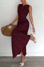 Solid Color Round Neck Sleeveless Elegant Pleated Casual Maxi Dress