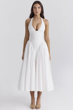 Halter Neck Deep V-Neck Drop Waist Fit and Flare Maxi Dress