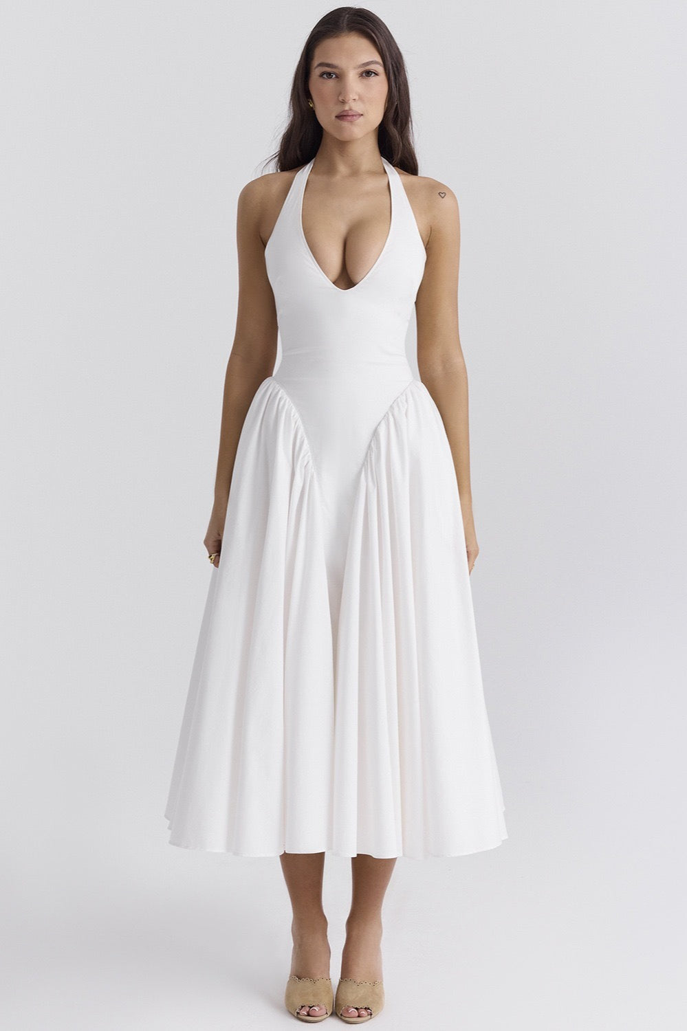 Halter Neck Deep V-Neck Drop Waist Fit and Flare Maxi Dress