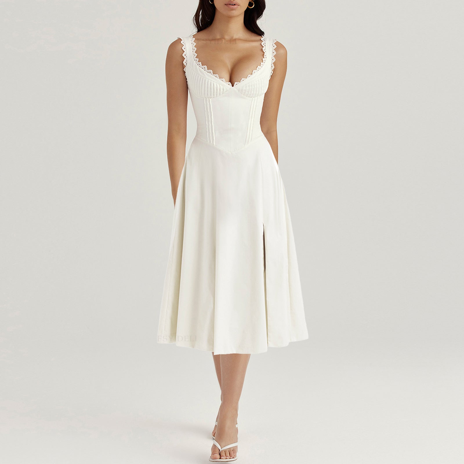 Corset Midi Dress with Lace Trim and Side Slit