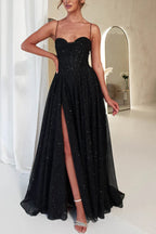 Glitter Cowl Neck Corset Bodice Spaghetti Strap Pleated High Split Pocketed Maxi Gown