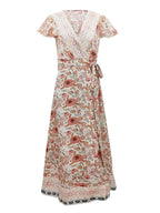 Boho Floral Wrap Maxi Dress For Women - Cream Ethnic Print V Neck Short Sleeve Dress - Summer Beach Vacation 2026