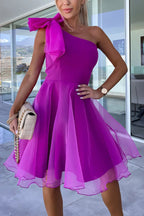 One Shoulder Oversized Bow Tulle Overlay Mini Dress