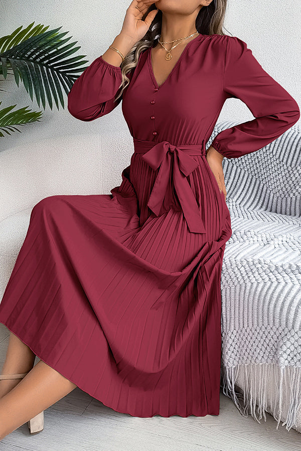 Deep V-Neck Bishop Sleeve Button Front Pleated Belted Midi Dress