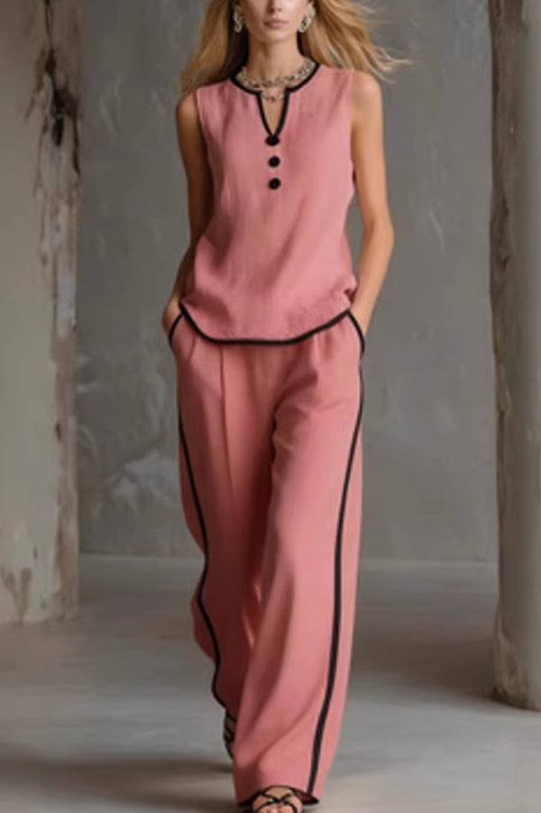 Stylish Color-blocked Sleeveless V-neck Top and Elastic Waist Pockets Casual Wide-leg Pants Set