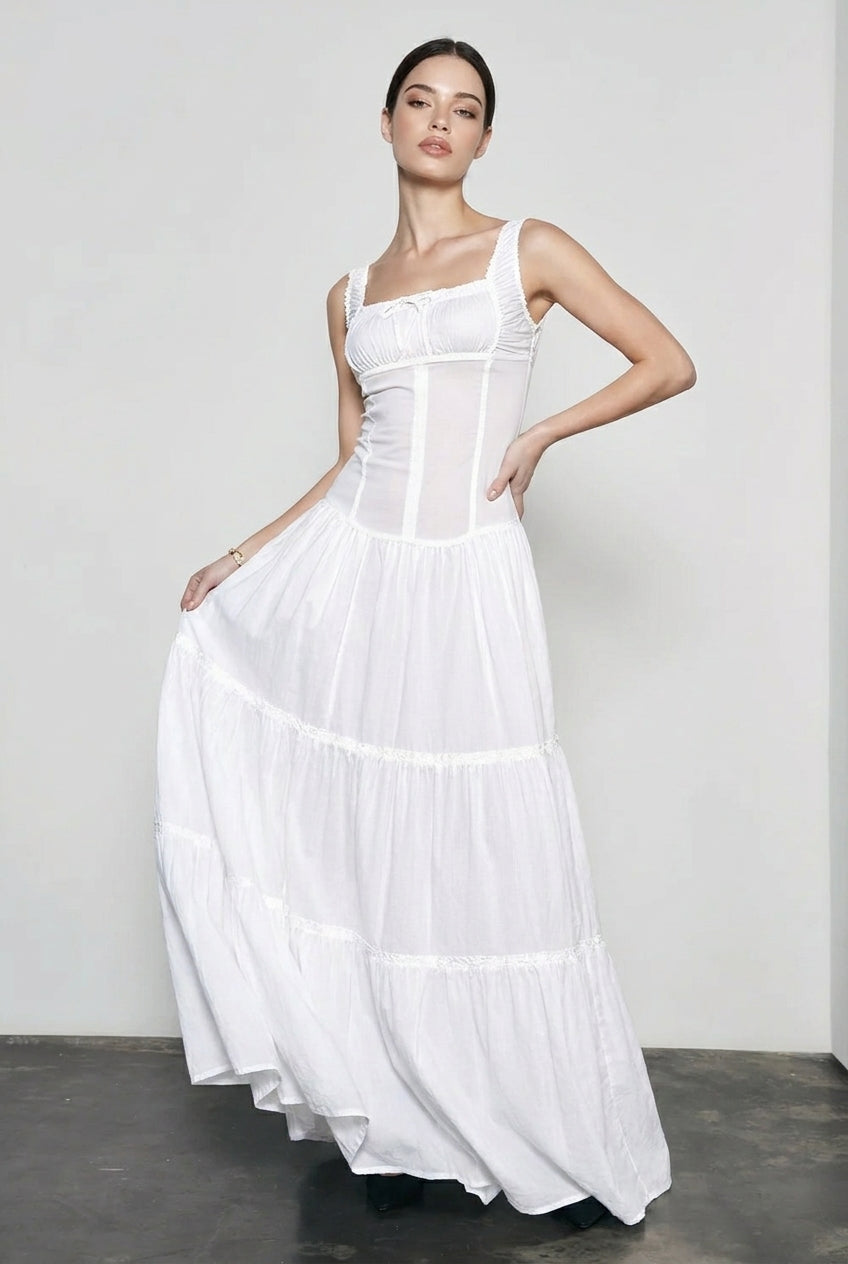 Square Neck Corset Button Front Tiered Ruffle Maxi Dress
