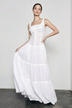 Square Neck Corset Button Front Tiered Ruffle Maxi Dress