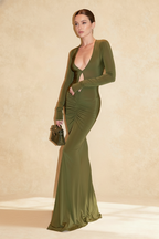 Deep V-Neck Cut Out Long Sleeve Ruched Bodycon Maxi Dress