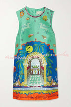 Natural Beauty Satin Unique Print Sleeveless H-line Mini Dress