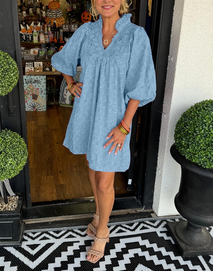Puff Sleeve V-Neck Ruffle Collar Eyelet Yoke Tiered Mini Dress