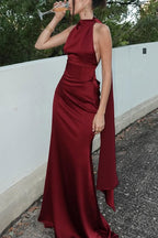 Solid Color Satin Elegant Sleeveless Waist Maxi Dress
