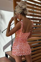 Square Neck Wide Strap Tiered Sequin Fringe Thigh Slit Bodycon Mini Dress