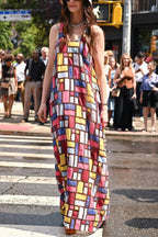 Stylish Color-blocked Plaid Print Sleeveless Round Neck Loose Maxi Dress