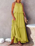High Neck Smocked Halter Sleeveless Tiered Ruffle Maxi Dress
