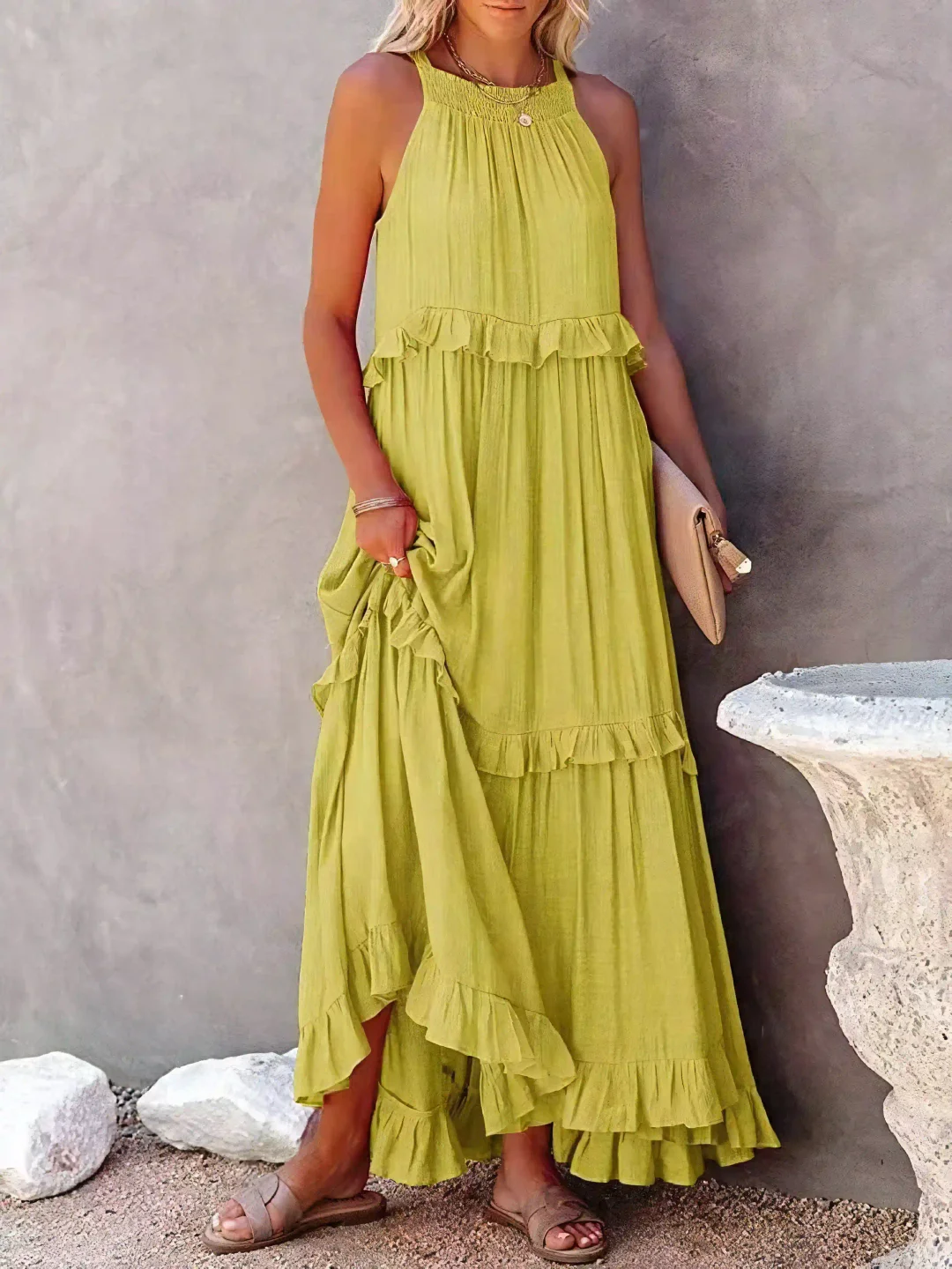 High Neck Smocked Halter Sleeveless Tiered Ruffle Maxi Dress