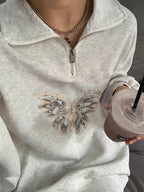 Butterfly Print Lapel Neck Half Zip Sweatshirt