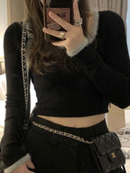 Plush Trim Splice Square Neck Slim Long Sleeve Knit