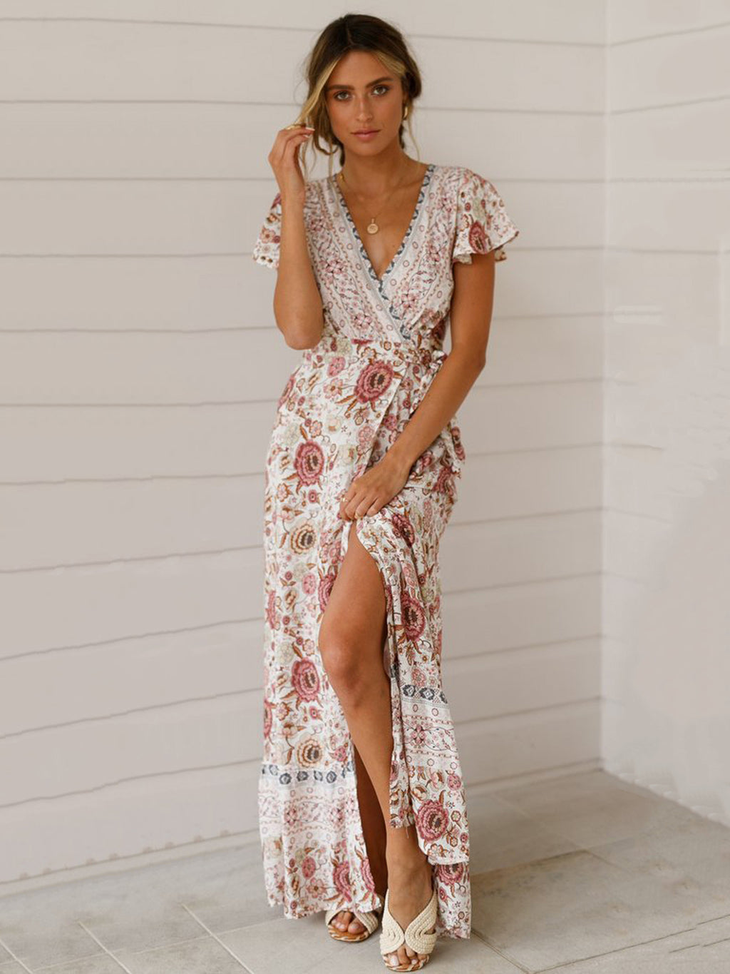 Boho Floral Wrap Maxi Dress For Women - Cream Ethnic Print V Neck Short Sleeve Dress - Summer Beach Vacation 2026