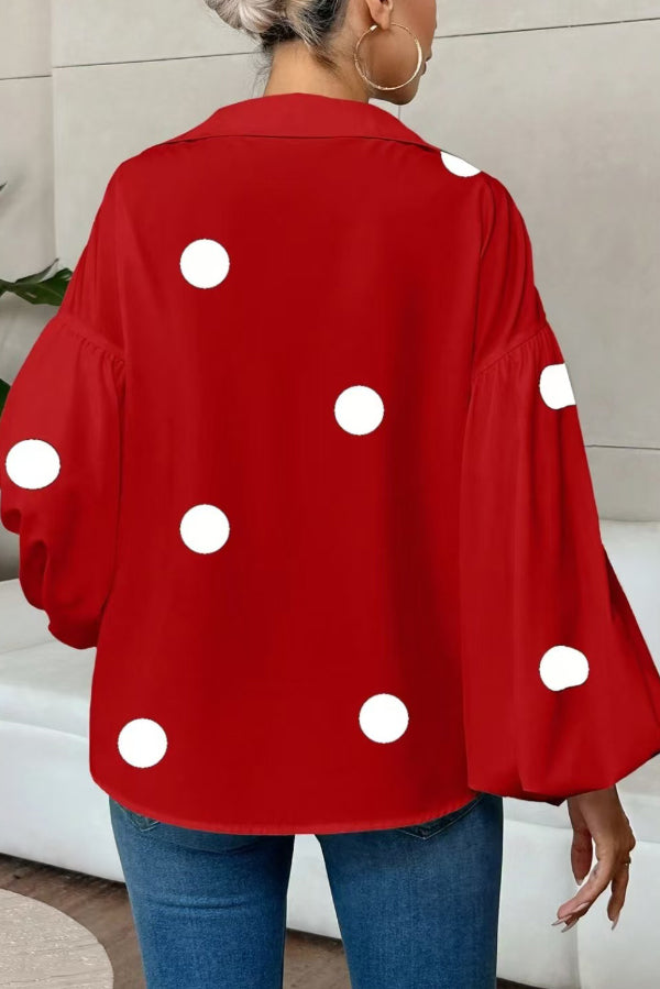 Stylish Polka Dot Print Collared Puff Sleeve Loose Shirt