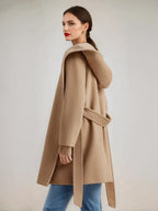 Wool Cashmere Blend Coat With Hood Camel Belted Double-Faced Short Wrap Coat For Women 2026