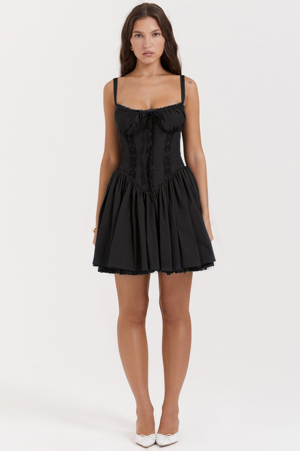 Ditsy Floral Square Neck Lace Trim Bustier Tiered Ruffle Hem Mini Dress