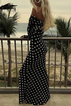 | Off-the-shoulder ruched stretch maxi dress in polka dot print