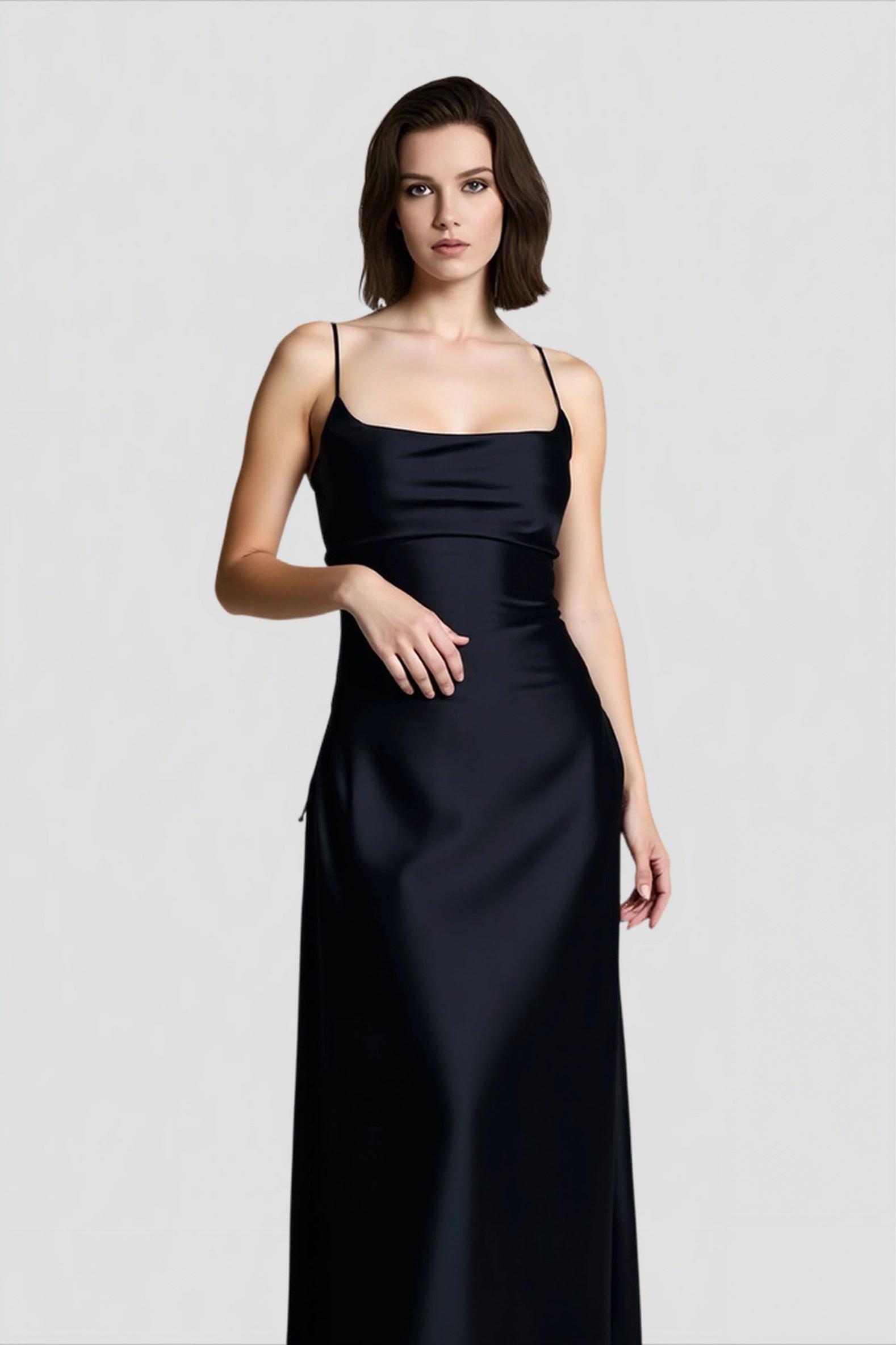 Satin Spaghetti Strap Square Neck Ruched Bodice Maxi Gown