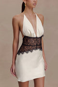 Fashionable Hollowed-out Lace Patchwork V-neck Backless Slim-fit Mini Dress