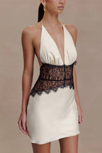 Fashionable Hollowed-out Lace Patchwork V-neck Backless Slim-fit Mini Dress