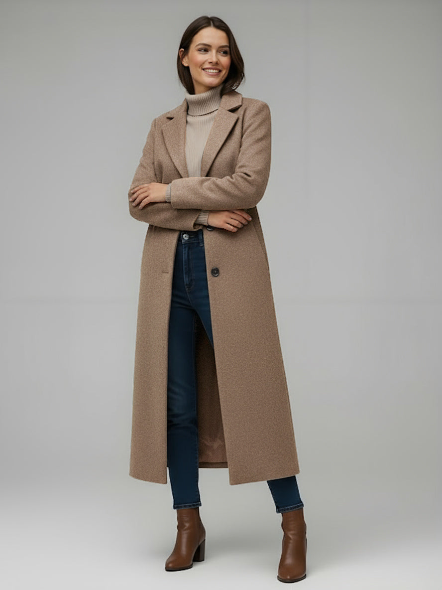 Woolen Long Straight Coat With Single-Breasted And Classic Notch Lapel For Women 2026
