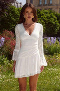 Lace Deep V-Neck Bell Sleeve Scalloped Hem Ruched Waist A-Line Mini Dress