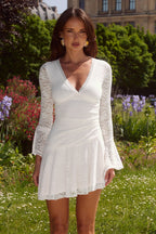 Lace Deep V-Neck Bell Sleeve Scalloped Hem Ruched Waist A-Line Mini Dress