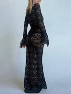 Deep V Lace Pattern See-Through Slim Fit Maxi Dress