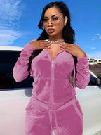 Velour Zip Up Slim Fit Hoodie Jogger Set For Women 2026
