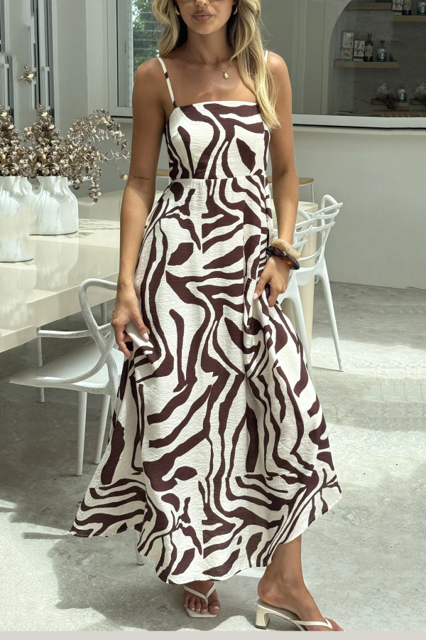 Zebra Print Sleeveless Spaghetti Strap High-waisted Vacation Maxi Dress