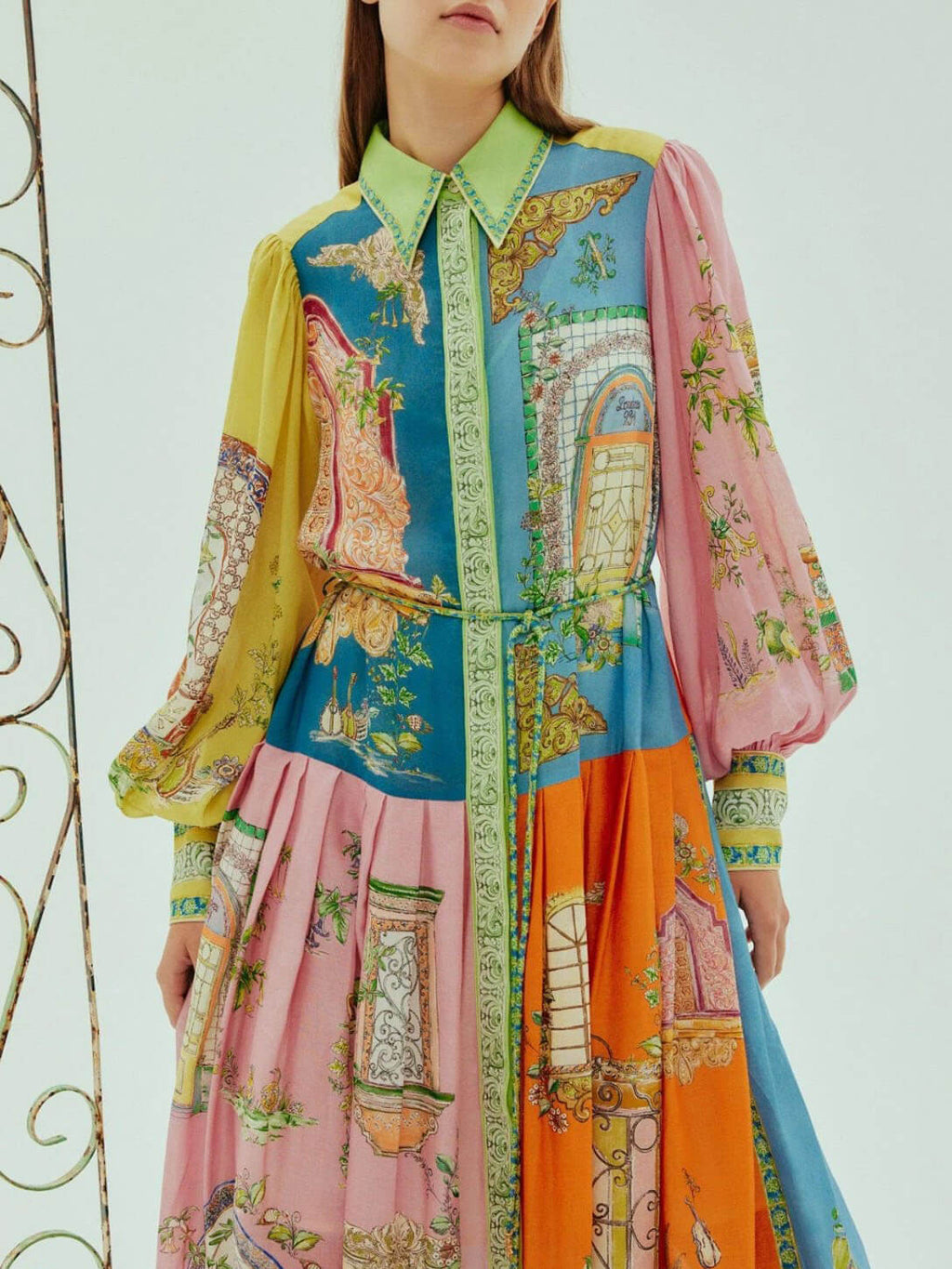 Collared Button Down Balloon Sleeve Architectural Scene Print Belted Maxi Dress