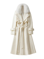 Full Length Flared Woolen Coat White Faux Fur Collar Classic Lapel Belted Slim A-line Winter Maxi Coat 2026
