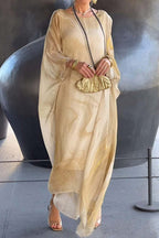 Marbled Print Crew Neck Batwing Sleeve Oversized Kaftan Maxi Dress