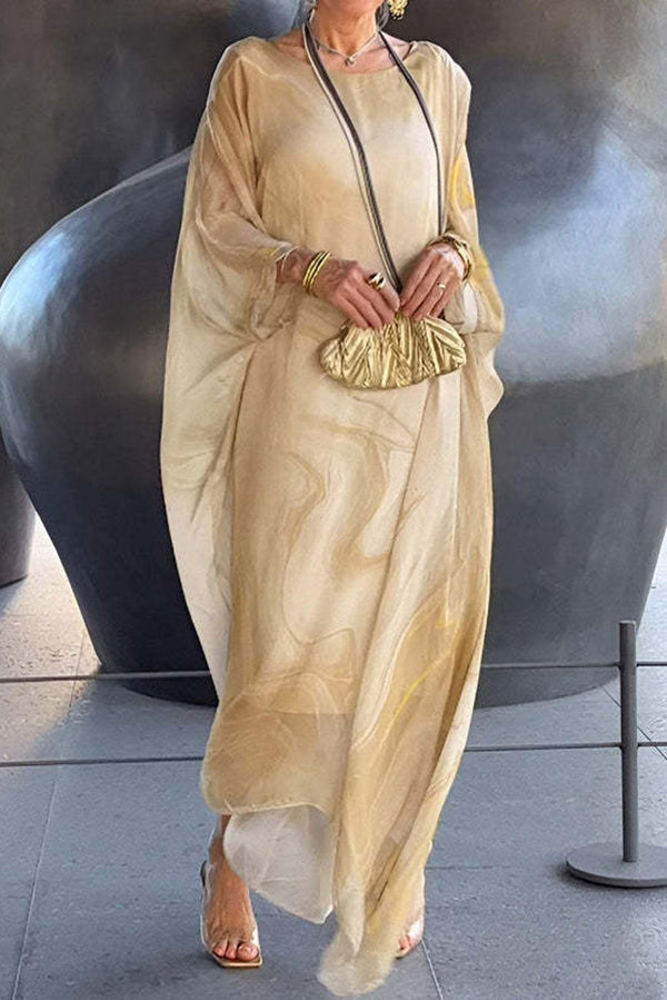 Marbled Print Crew Neck Batwing Sleeve Oversized Kaftan Maxi Dress