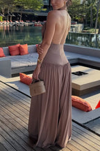 Lightweight Chic Metal Ring Drape Cowl Halter Neck Bodysuit and Elastic Waist Wide Leg Pants Set